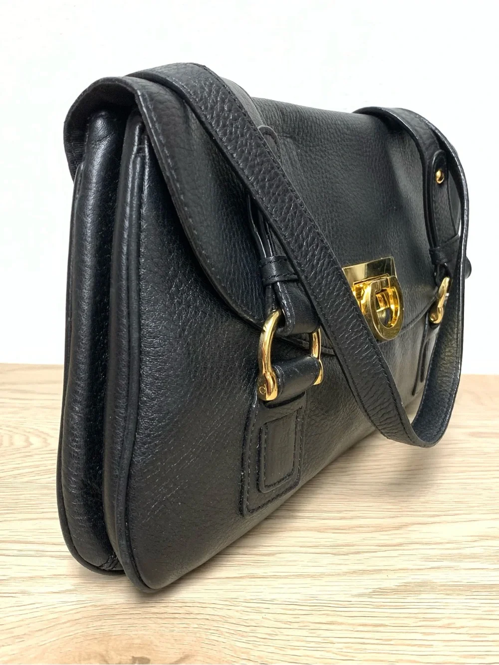 Kate Landry Leather Shoulder Bag Black Gold Hardware Harness Straps Medium